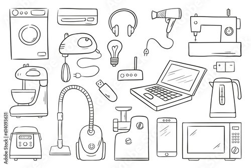 Set of home appliances.  Hand drawn vector illustration