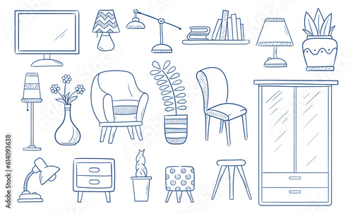 Set household objects.  Hand drawn vector illustration