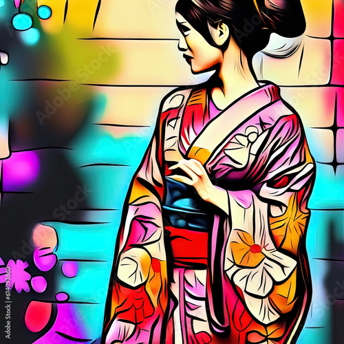 one kimono female in graffiti color style with Generative AI.