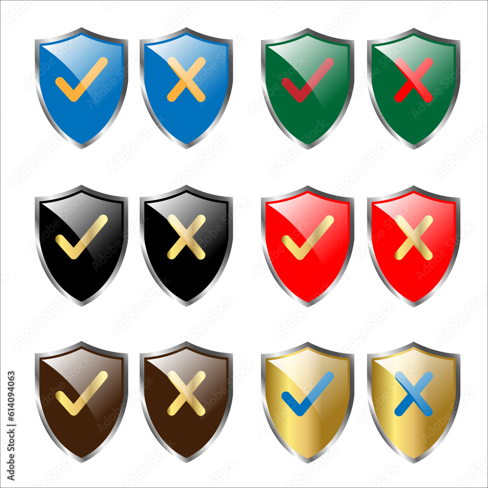 Shields and check marks icons set isolated on white background. Vector illustrator. Shields and check marks icons set isolated on white background. Vector illustrator.