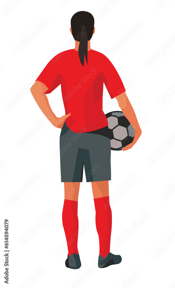 Asian women's football girl player in red t-shirt stands and holds a ball in her hand, vector isolated figure on white background Asian women's football girl player in red t-shirt stands and holds a ball in her hand, vector isolated figure on white background