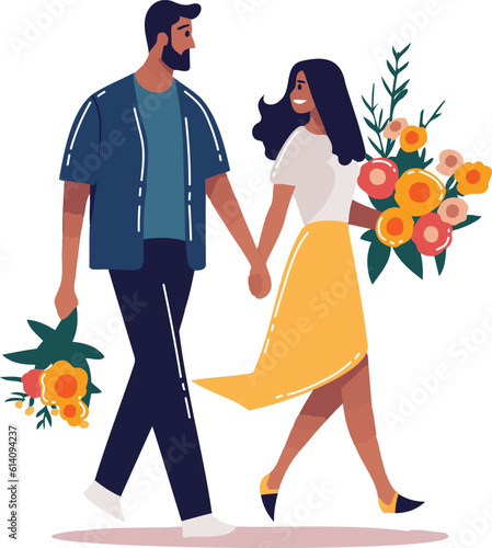 Hand Drawn couple walking holding hands in flat style