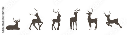 Set of deer silhouettes. Wild animals with antlers on white background. Vector flat illustration. © KeronnArt