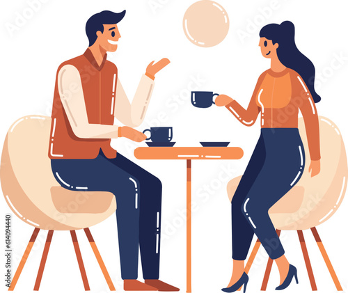 Hand Drawn couple characters sitting and drinking coffee in flat style
