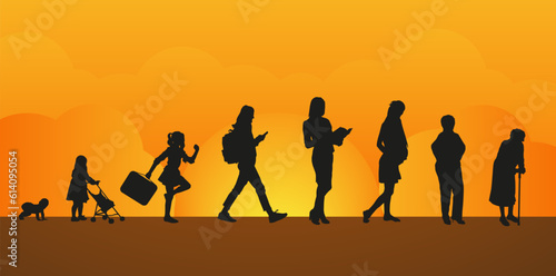 Women, stages of development. Silhouettes against the sunset. Life from birth to old age.