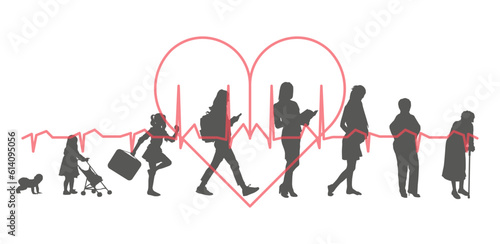 Women, stages of development. Silhouettes against the background of a heartbeat. Life from birth to old age.