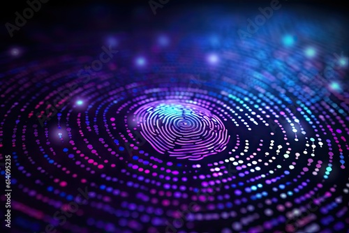 Fingerprint is delicately placed on a background adorned with colored technology elements