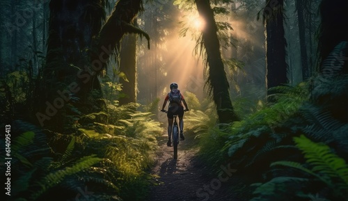 Woman rides her mountain bike through a dense forest illuminated by the warm glow of the setting sun.