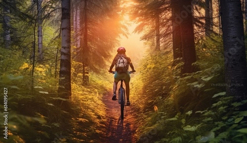 Woman rides her mountain bike through a dense forest illuminated by the warm glow of the setting sun.