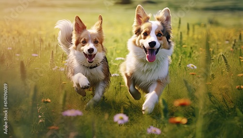 two dogs running across the grass in the park