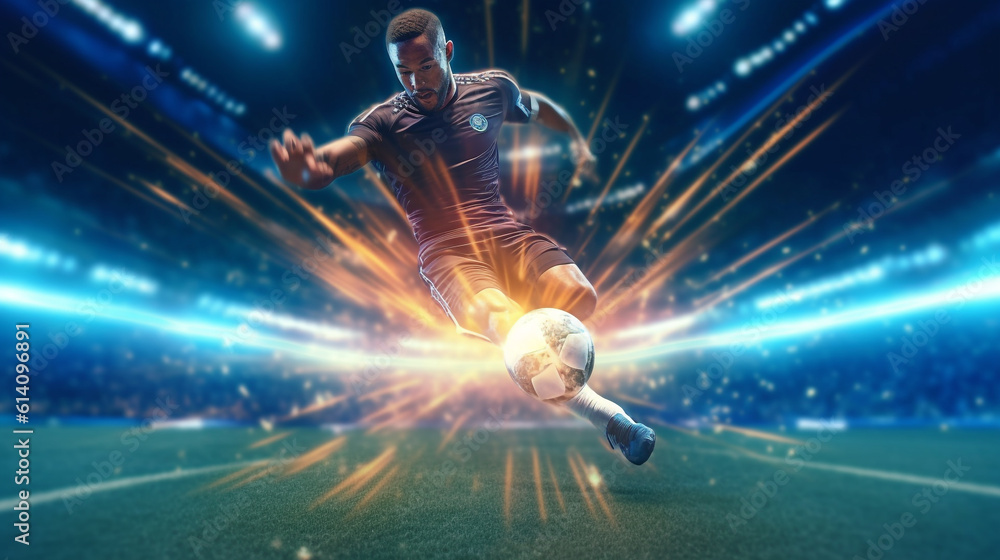 Fototapeta premium soccer player with ball image in abstract impressionism style. Generative Ai. 