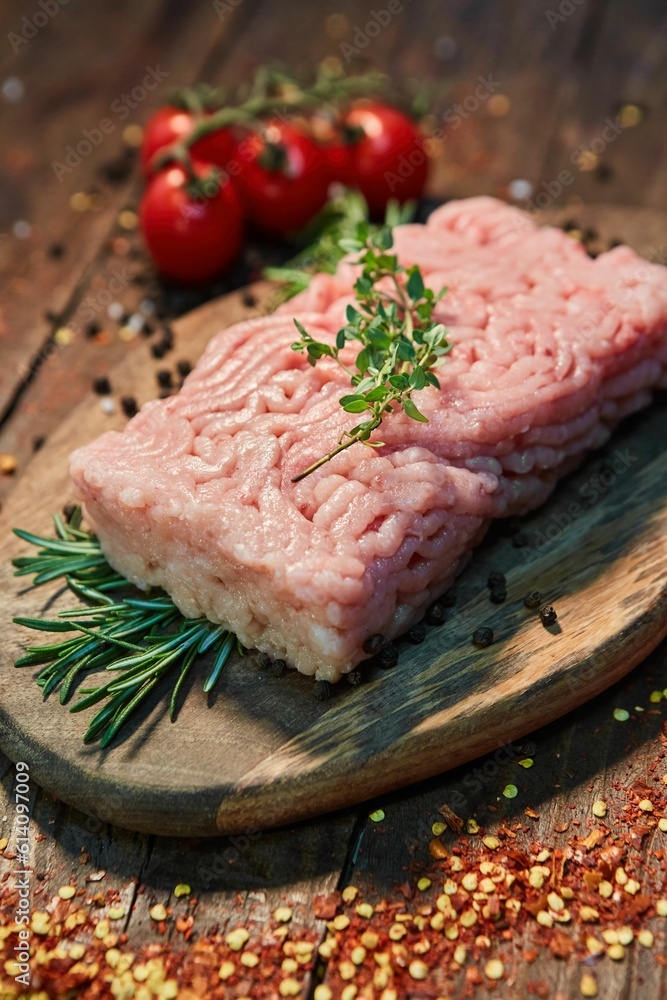 Raw meat in the form of minced meat on a wooden cutting board. Raw food for cooking.