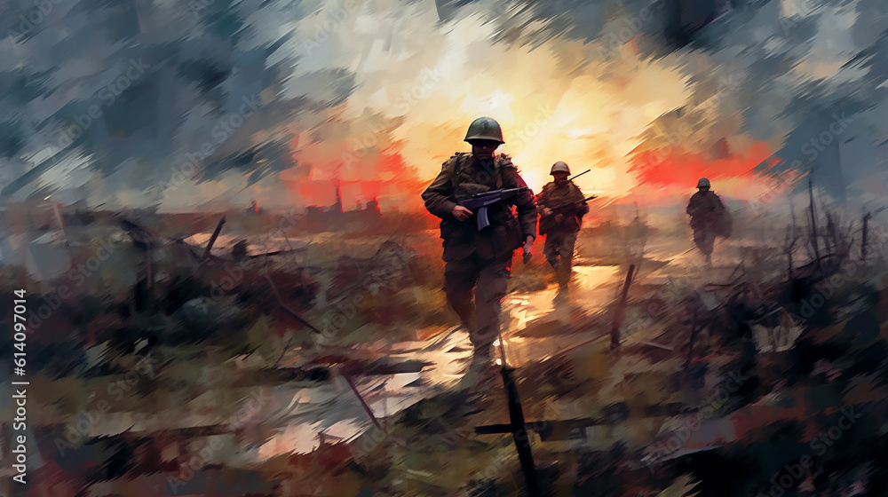 Soldiers with weapons walk on a wet road. Generative Ai. Soldiers with weapons walk on a wet road. Generative Ai.