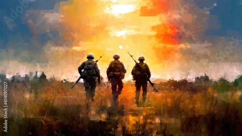 three soldiers with weapons go out into the field at sunset. Generative Ai. 