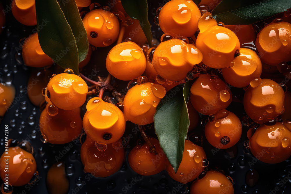 Top view close-up of fresh orange buckthorn with leaves in drops of juice on black background. Sea Berry wallpaper, fresh buckthorns banner. Generative AI professional photo imitation. - obrazy, fototapety, plakaty 