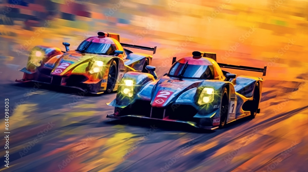 abstract image of two racing cars on a blurred background. Generative Ai. 