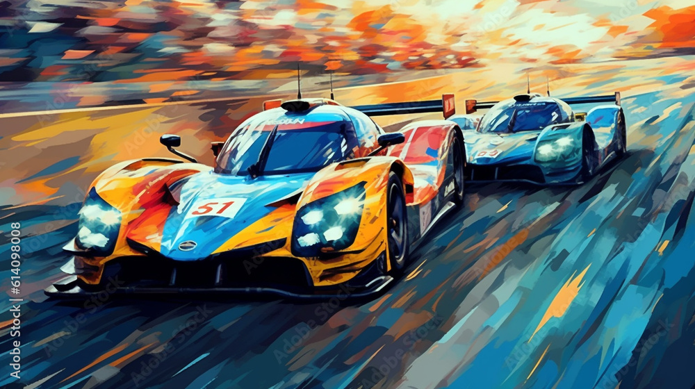 three racing cars on the road abstract image. Generative Ai. 