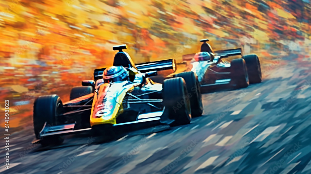 racing cars on the road image in the style of abstract impressionism. Generative Ai. 