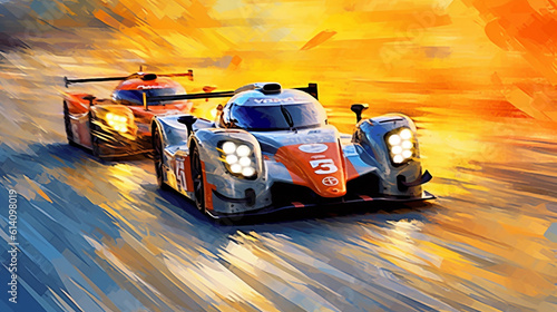 two fast moving racing cars image in the style of abstract impressionism. Generative Ai. 