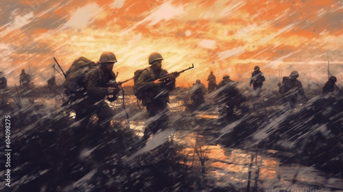 Combat attack on orange sunset background. Generative Ai. 