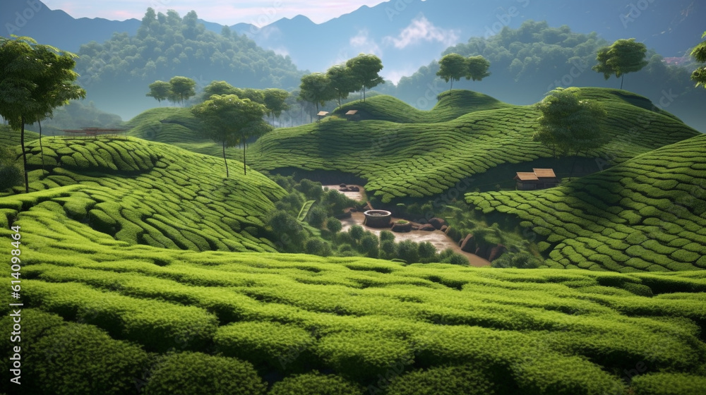 tea plantation in island. Generative Ai. tea plantation in island. Generative Ai.