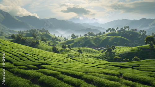view of green tea plantation. Generative Ai. 