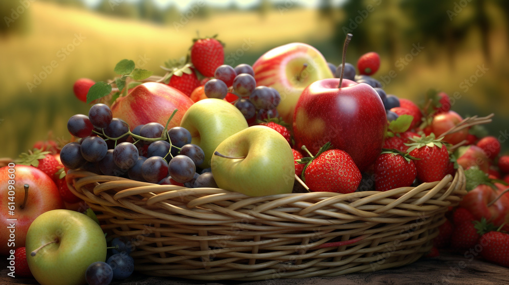 basket with a set of freshly picked fruits. Generative Ai. basket with a set of freshly picked fruits. Generative Ai.