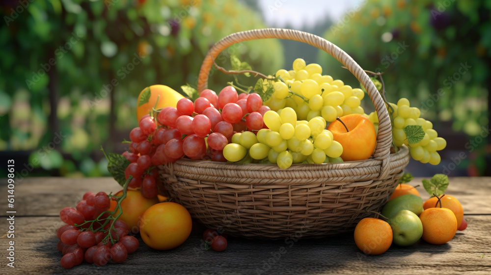 fruit basket standing on a wooden table against the backdrop of nature. Generative Ai. 