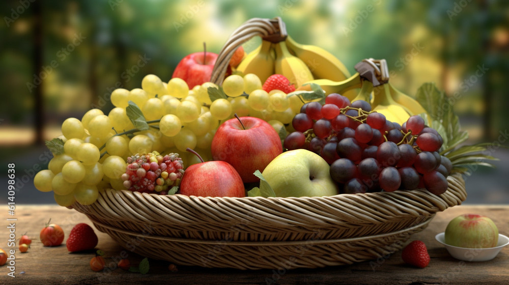 Fototapeta premium fruit basket standing on a wooden table. Generative Ai. 