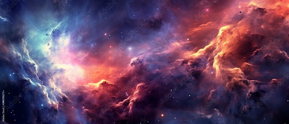 Fire in the Sky, Colorful space galaxy cloud nebula. Starry night cosmos. Universe science astronomy. Supernova background wallpaper, Generative AI
