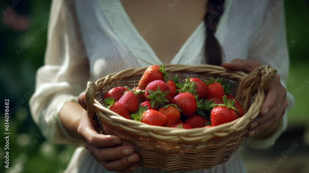 woman carrying a basket of strawberries. Generative Ai. woman carrying a basket of strawberries. Generative Ai.