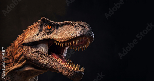 Trex  Tyrannosaurus rex.Head close of Green Dinosaur Tyrannosaurus Rex with open mouth in attack position dark background