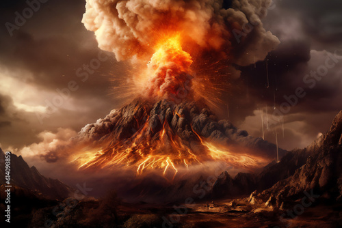 Volcano eruption creating an explosive mix of volcanic ash and molten rock lava from its crater which will lead to an erupting pyroclastic flow, computer Generative AI stock illustration image