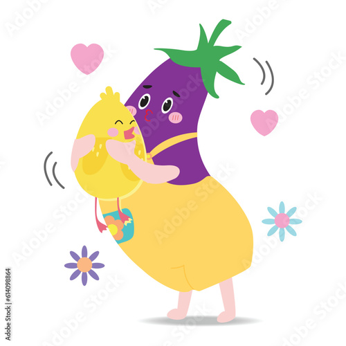 hugging friends' concept. cute eggplant and chick on white background flat vector illustration.
