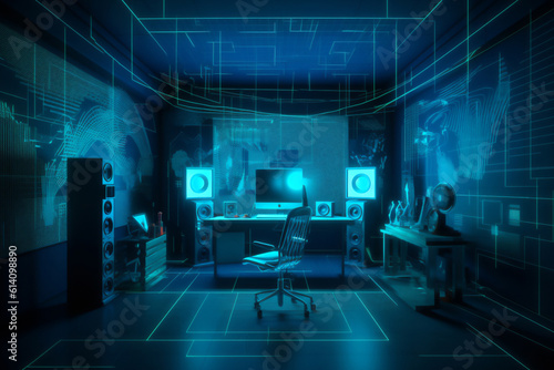 Professional recording studio equipment in a blue virtual environment which includes meta data machine learning, computer Generative AI stock illustration image