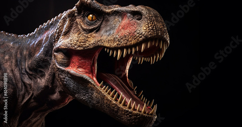 Trex, Tyrannosaurus rex.Head close of Green Dinosaur Tyrannosaurus Rex with open mouth in attack position dark background © annebel146