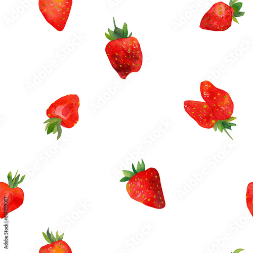 Fototapeta Naklejka Na Ścianę i Meble -  Watercolor seamless pattern with strawberries. Background with strawberries highlighted on a white background. Summer berries, a print for printing on postcards.