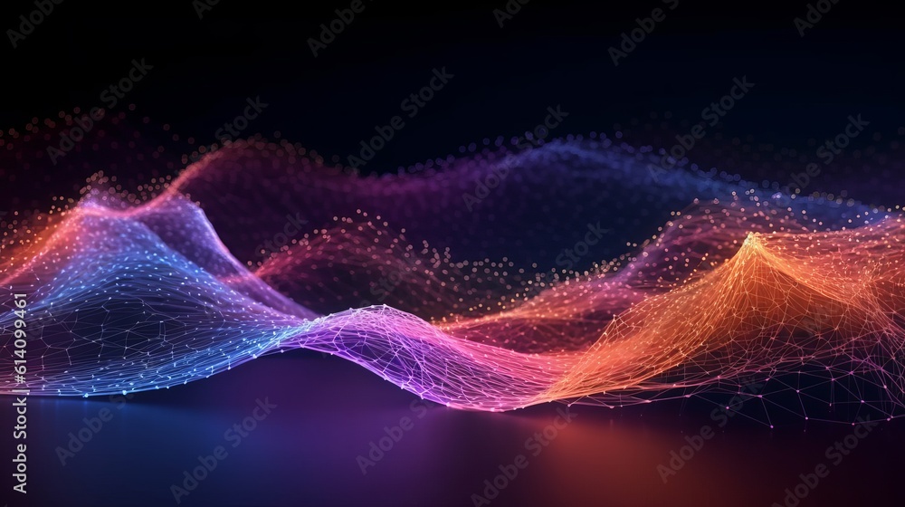Fototapeta premium Cyber big data flow. Blockchain data fields. Network line connect stream. Concept of AI technology, digital communication, science research, 3D illustration music waves, Generative AI
