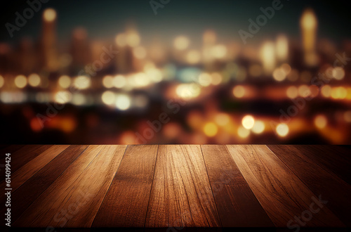 Blank empty wooden tabletop over blur city night view background, mock up and montage for product