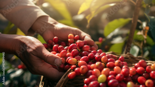 coffee picker shows fresh beans on the background of the basket. Generative Ai.  photo