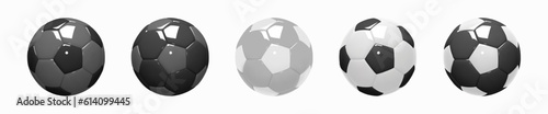 Set of soccer balls in classic shape. Football balls glossy figurines realistic 3d design style. Black, white, gray and combination. Mockup of sports elements isolated on white. 3d vector