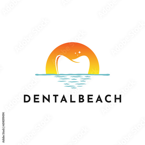 Tooth Teeth Dental with Ocean Wave for Beach Dentistry Logo Design Idea