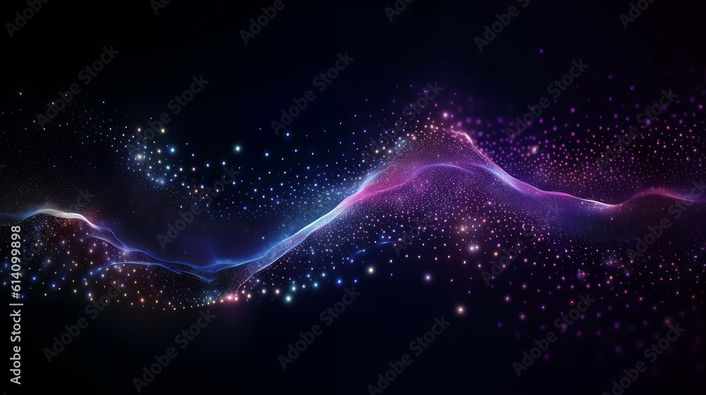 Data technology illustration. Abstract futuristic background. Wave with connecting dots and lines on dark background. Wave of particles, Generative AI