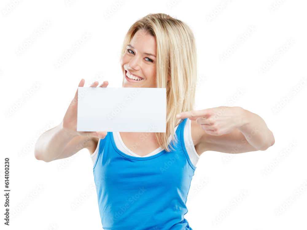 Mockup, pointing and card with portrait of woman on transparent background for show, promotion and idea. Happy, sign and paper with person isolated on png for announcement, logo and presentation Mockup, pointing and card with portrait of woman on transparent background for show, promotion and idea. Happy, sign and paper with person isolated on png for announcement, logo and presentation