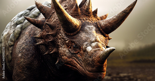 Triceratops dinosaurs on dark background. Dinosaur animal history concept living dinosaur. Late Cretaceous herbivores