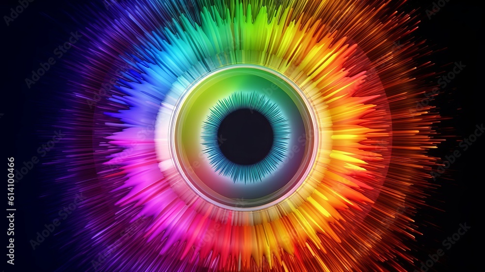 Human multicolored iris of the eye animation concept. Rainbow lines ...