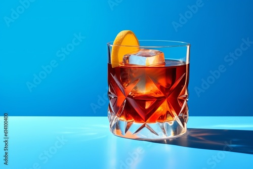 Trendy Negroni cocktail, a blend of gin and vermouth, showcased on a blue background with a shadow. Contemporary concept highlighting the beverage's allure. Generative AI