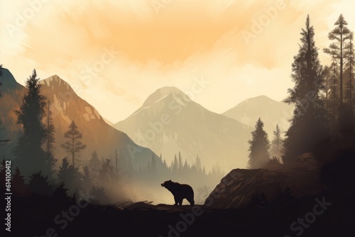 Minimal wilderness landscape: Bear silhouette against misty mountains, a serene depiction of untamed nature. Generative AI