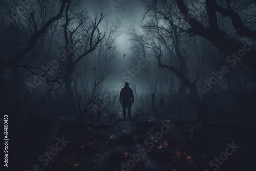 Man surrounded by a scary forest, immersed in a dark horror landscape. Halloween-themed background. Generative AI