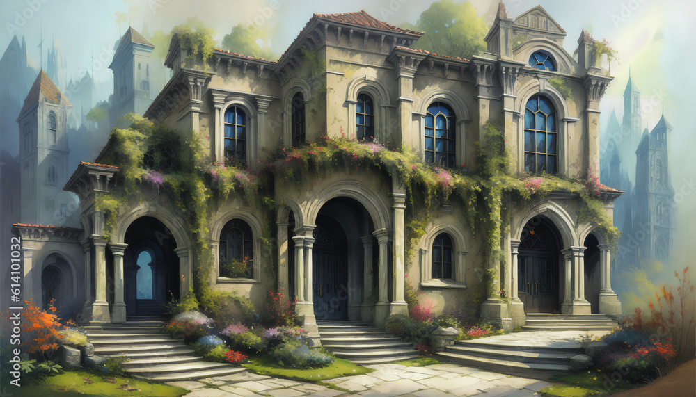 The enchanting palace enveloped by climbing plants. Watercolor style. Generative AI.